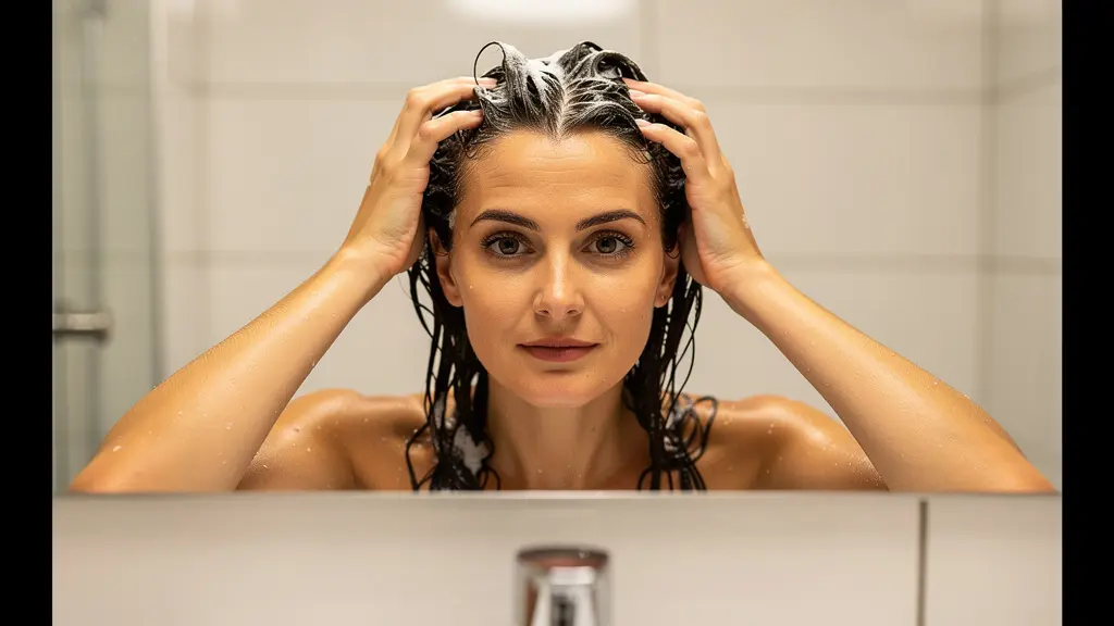 Femme touchant ses cheveux mouillés devant miroir après lavage au shampoing solide