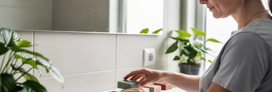 Femme arrangeant des cosmétiques solides colorés sur une étagère de salle de bain moderne