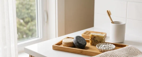 Comptoir de salle de bain moderne avec shampoings et savons solides disposés sur des accessoires en bambou, éclairage naturel doux