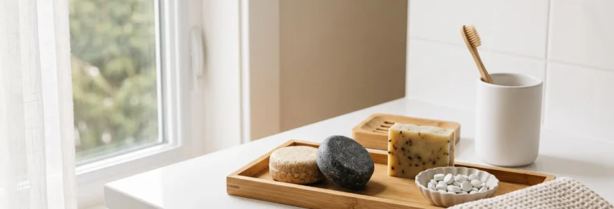 Comptoir de salle de bain moderne avec shampoings et savons solides disposés sur des accessoires en bambou, éclairage naturel doux