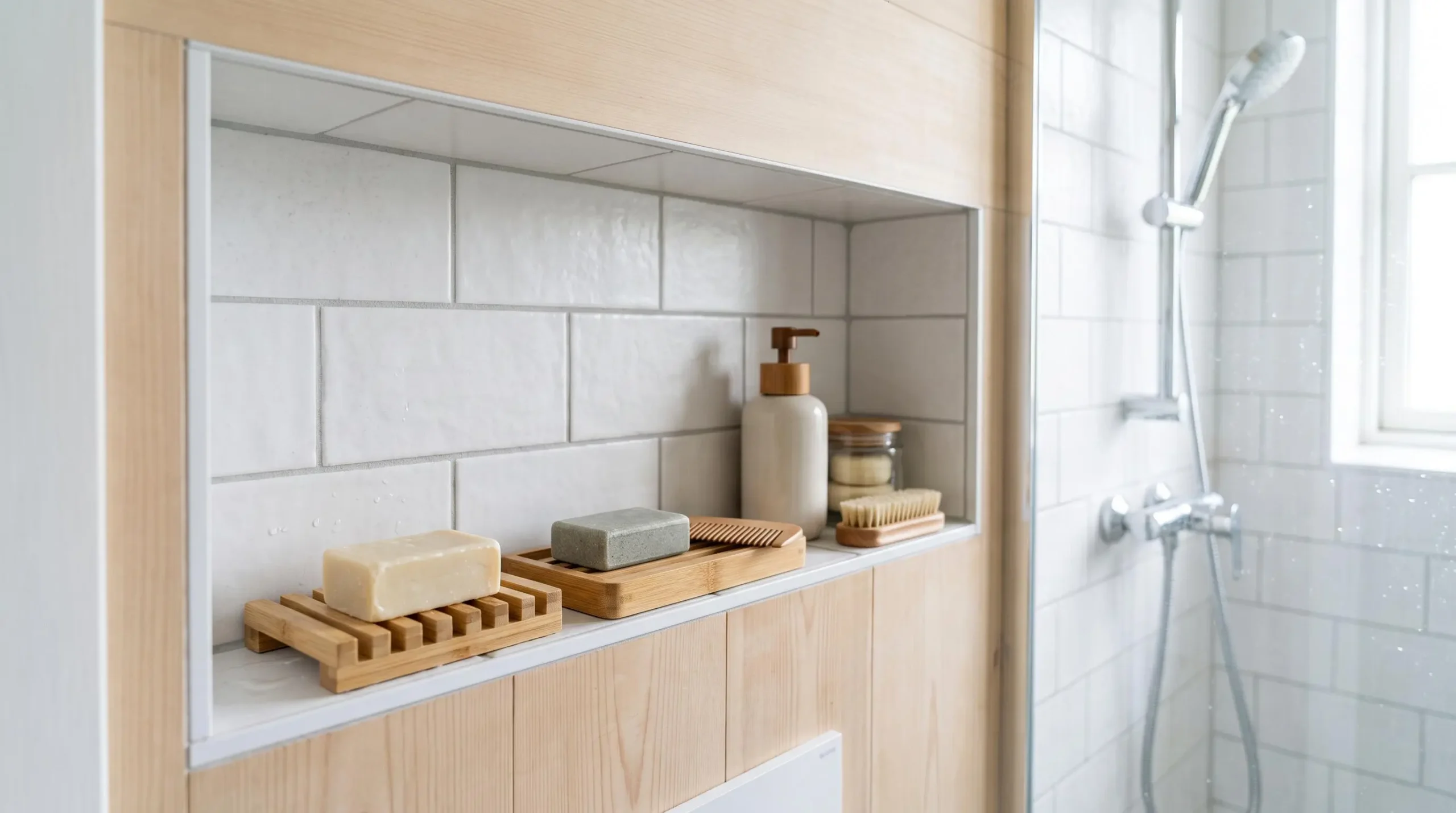 Étagère de douche avec porte-savons aérés et cosmétiques solides bien organisés dans un environnement lumineux