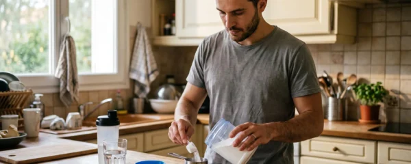 Un homme verse de la poudre de créatine dans un récipient posé sur une balance de cuisine dans sa cuisine.
