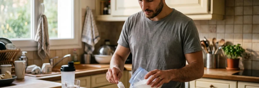 Un homme verse de la poudre de créatine dans un récipient posé sur une balance de cuisine dans sa cuisine.