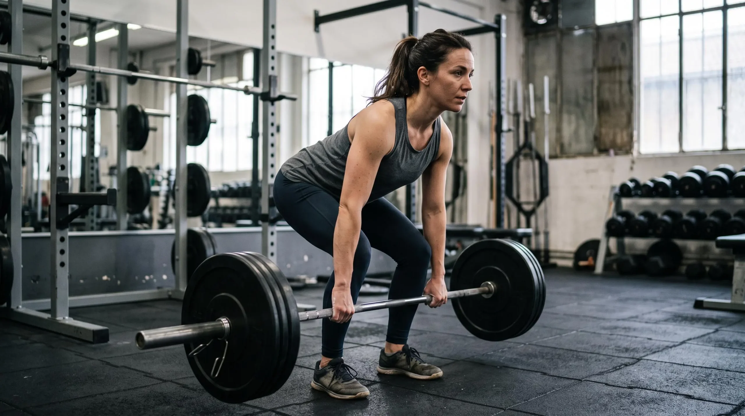 Une sportive soulève une barre chargée de poids dans une salle de musculation, en pleine exécution d'un exercice de force.